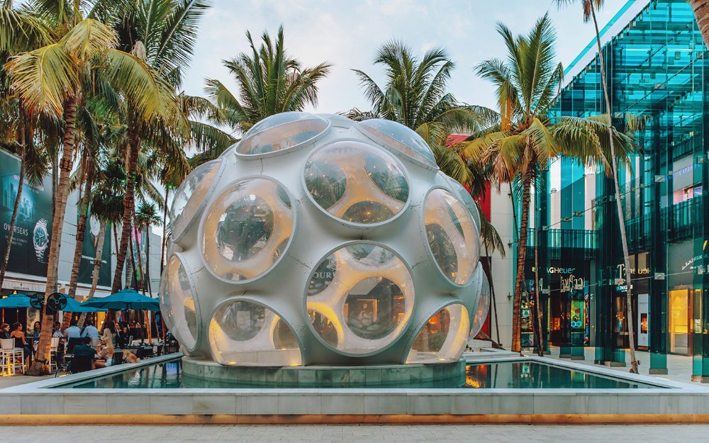 Fly's Eye Dome in the Miami Design District, surrounded by shops and restaurants