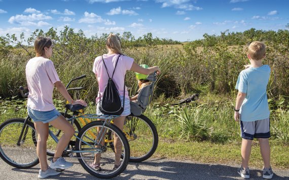 Familie op fietsen die stoppen en naar een alligator kijken.