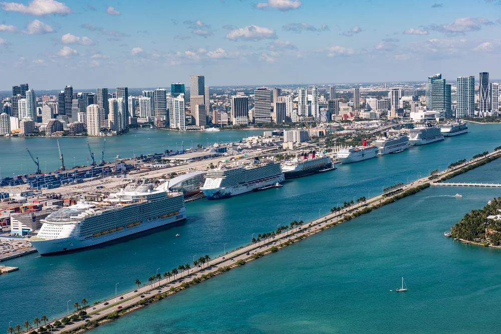 Aerial view of cruise ships at PortMiami