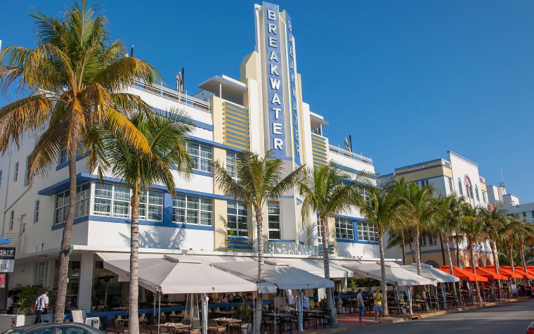 Front view of Hotel Breakwater South Beach with Art Deco design Front view of Hotel Breakwater South Beach with Art Deco design