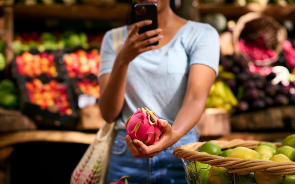 Un visiteur prend une photo du fruit du dragon