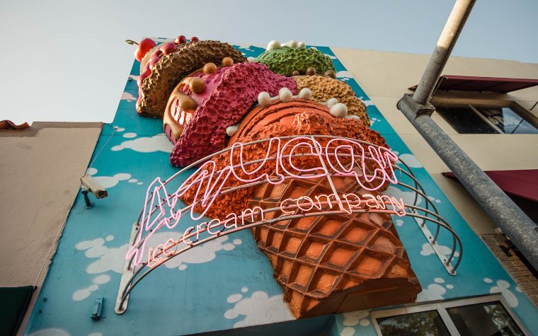 Azucar Ice Cream's fun ice cream cone facade Azucar Ice Cream's fun ice cream cone facade