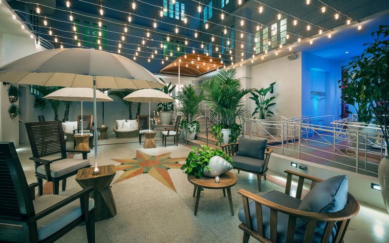 Courtyard at Cardozo Hotel with stylish seating and lush greenery Courtyard at Cardozo Hotel with stylish seating and lush greenery